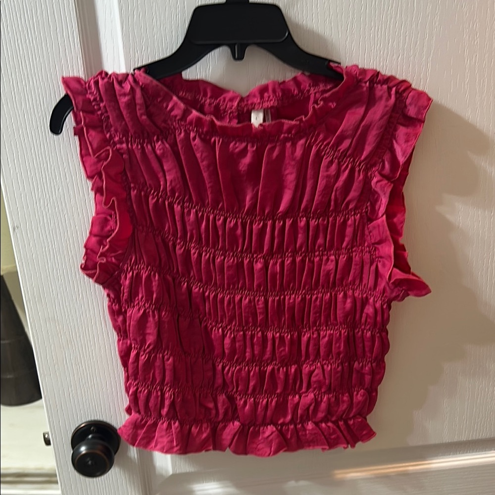 Glam Pink Smocked Ruffled Sleeveless Blouse